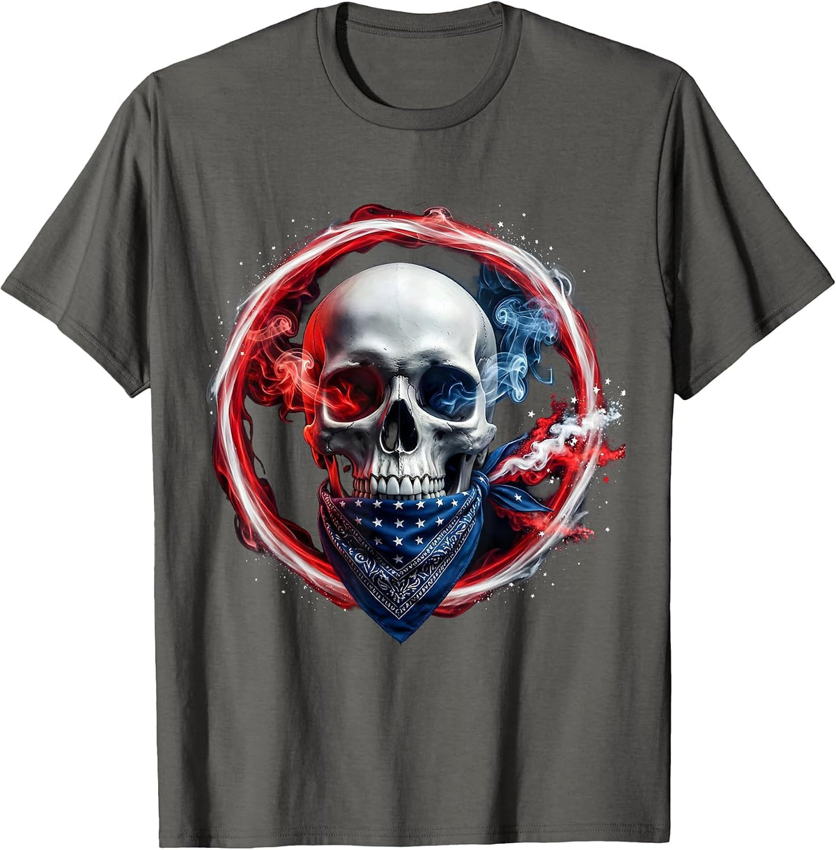 Patriotic Skull Star-Spangled Bandana Design T-Shirt - Asphalt Grey