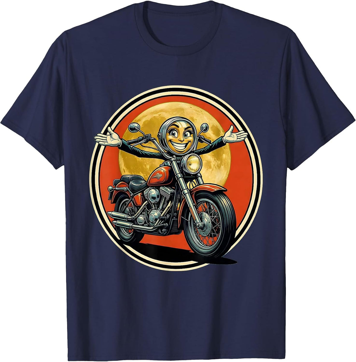 Biker Silhouette Full Moon Motorcycle Design T-Shirt - Navy Blue
