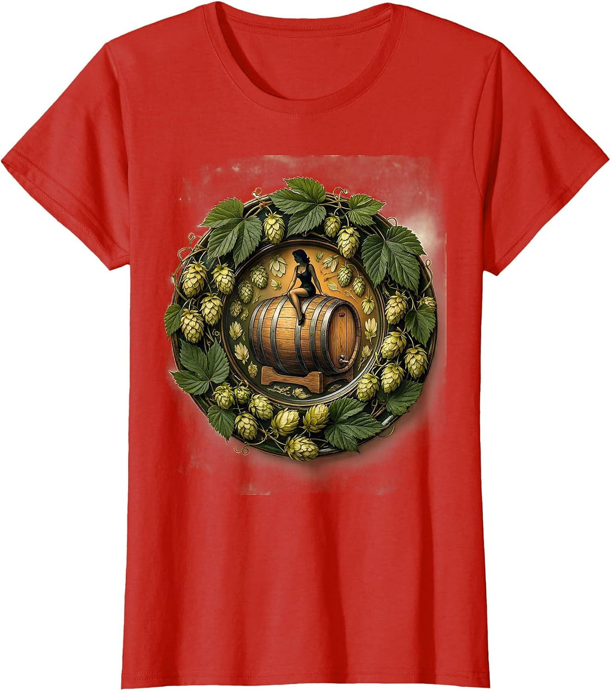Women's Pin-Up Girl Riding Giant Beer Barrel Graphic T-Shirt - Red