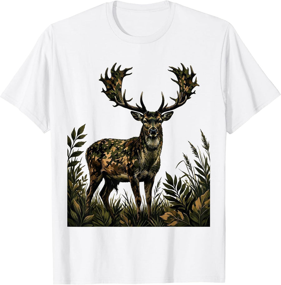 Men's Camo Buck Deer Massive Antlers in Brush Design T-Shirt - White