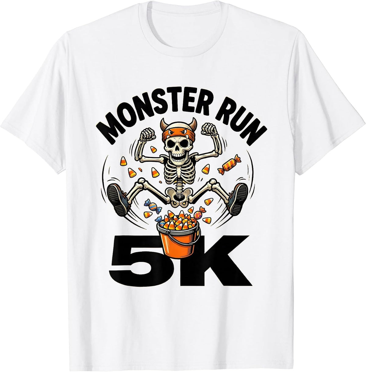 Men's Monster Run 5K Cartoon Skeleton Runner Halloween Fun Run T-Shirt - White