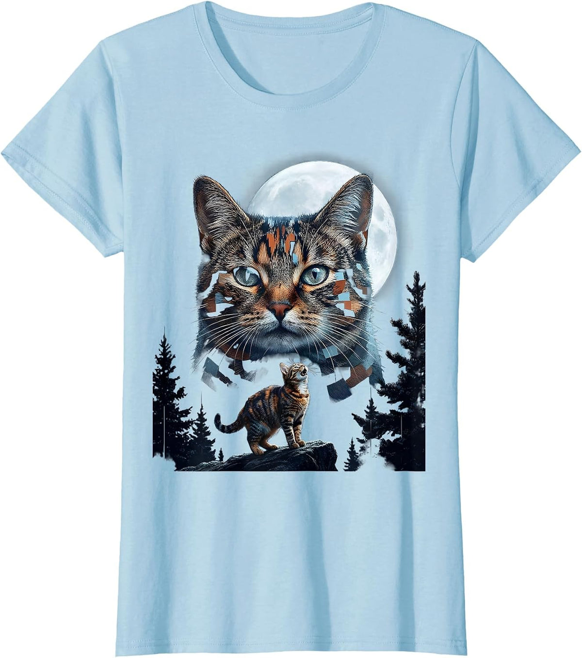 Tortoiseshell Cat Howling at Moon 90's Retro Fantasy T-Shirt - Baby Blue