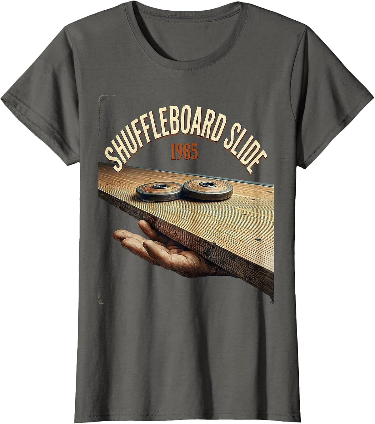 Women's Shuffleboard Slide, 1985 Vintage Retro Funny Shuffleboard T-Shirt - Asphalt Grey