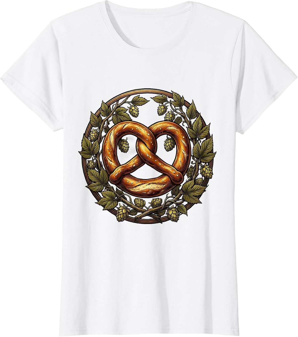 Women's Oktoberfest Pretzel and Hop Branches Illustration T-Shirt - White