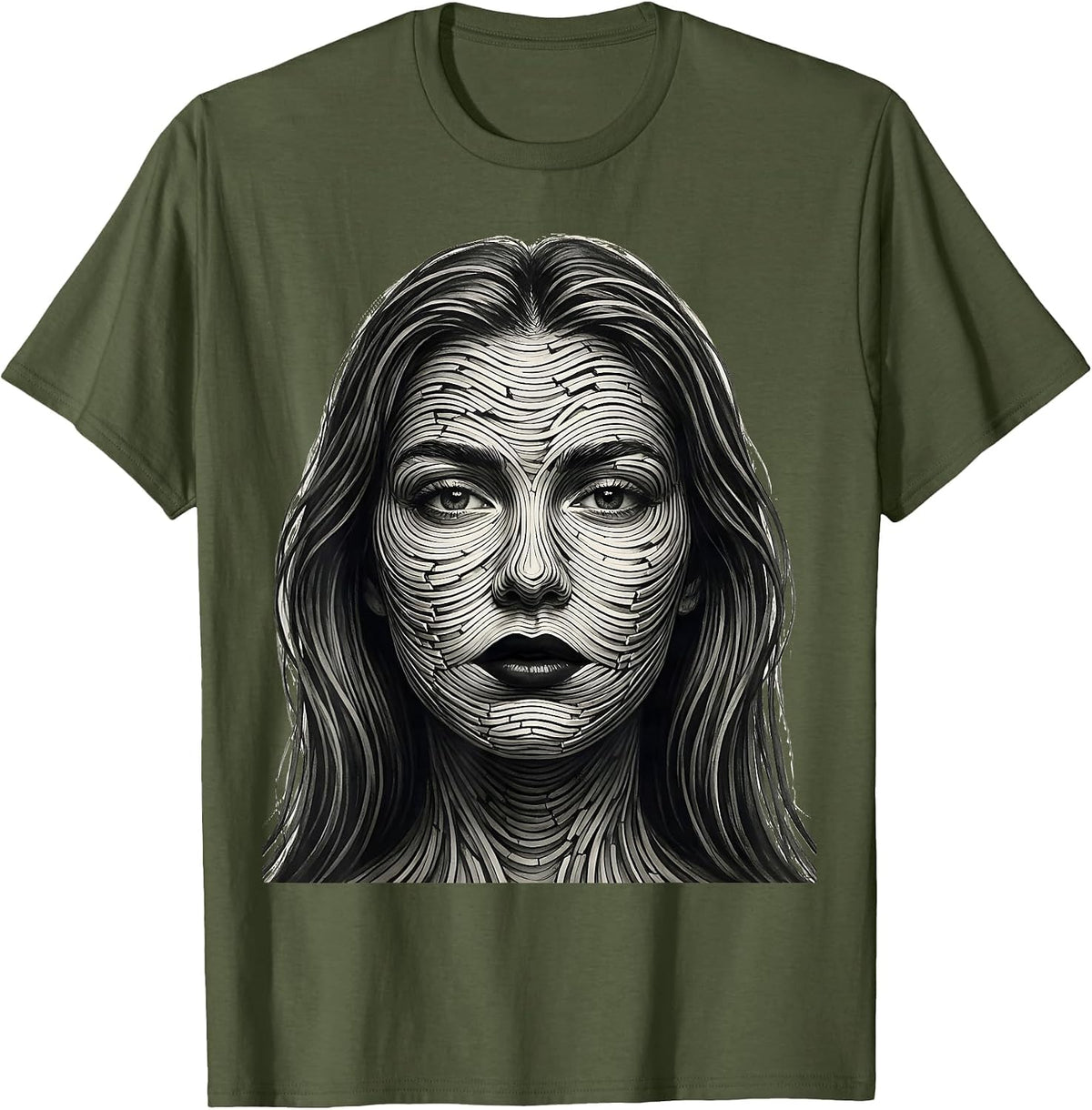 Men's Female Face Line Art Abstract Fashion Designer Graphic T-Shirt - Olive Green