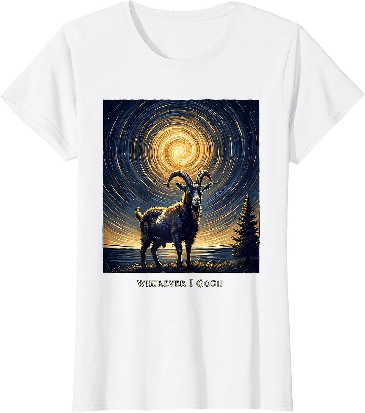 Wherever I Gogh Whimsical Van Gogh Starry Night Art Animal T-Shirt - White