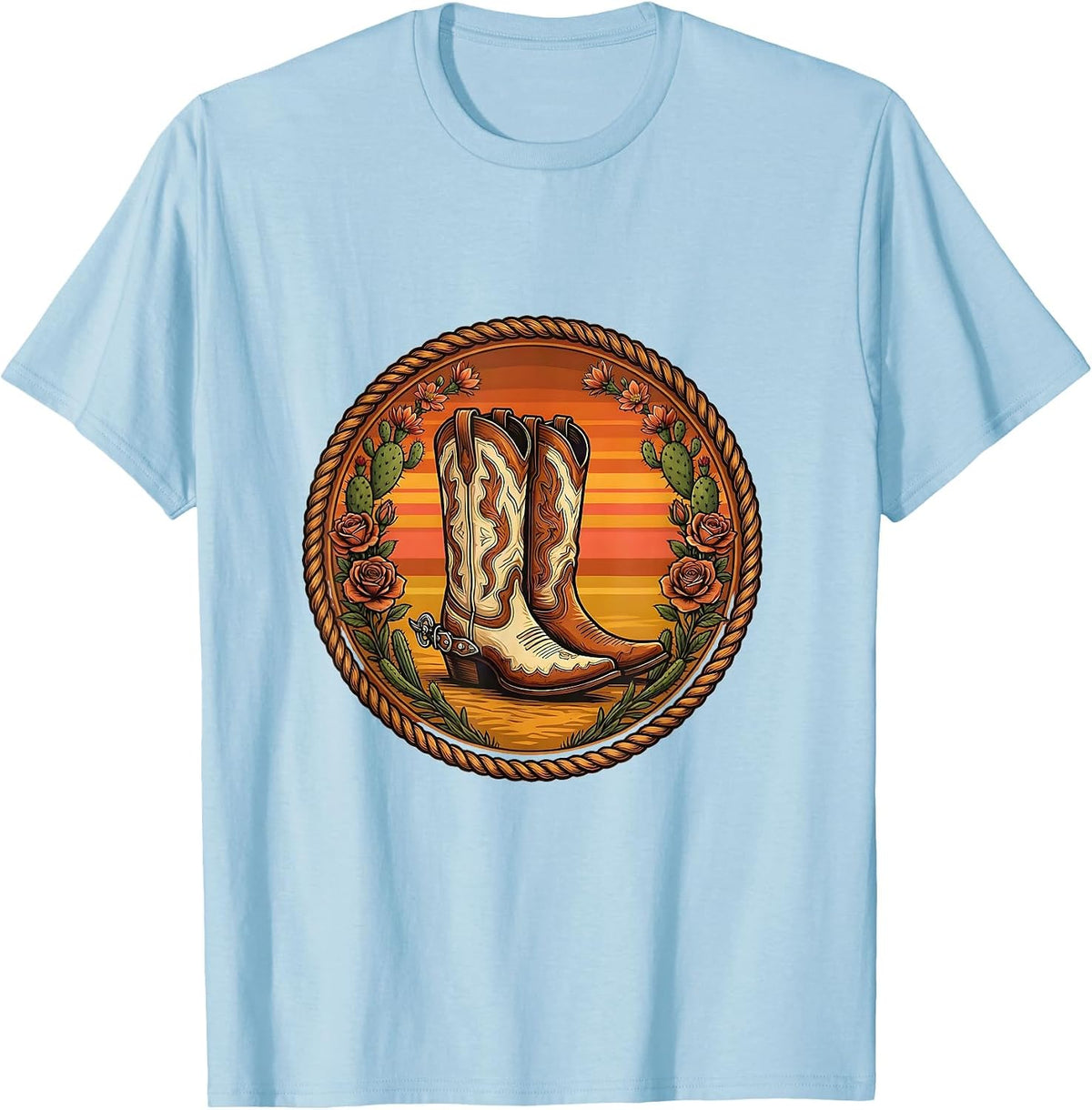 Cowgirl Boots Spurs and Desert Roses Graphic T-Shirt - Baby Blue