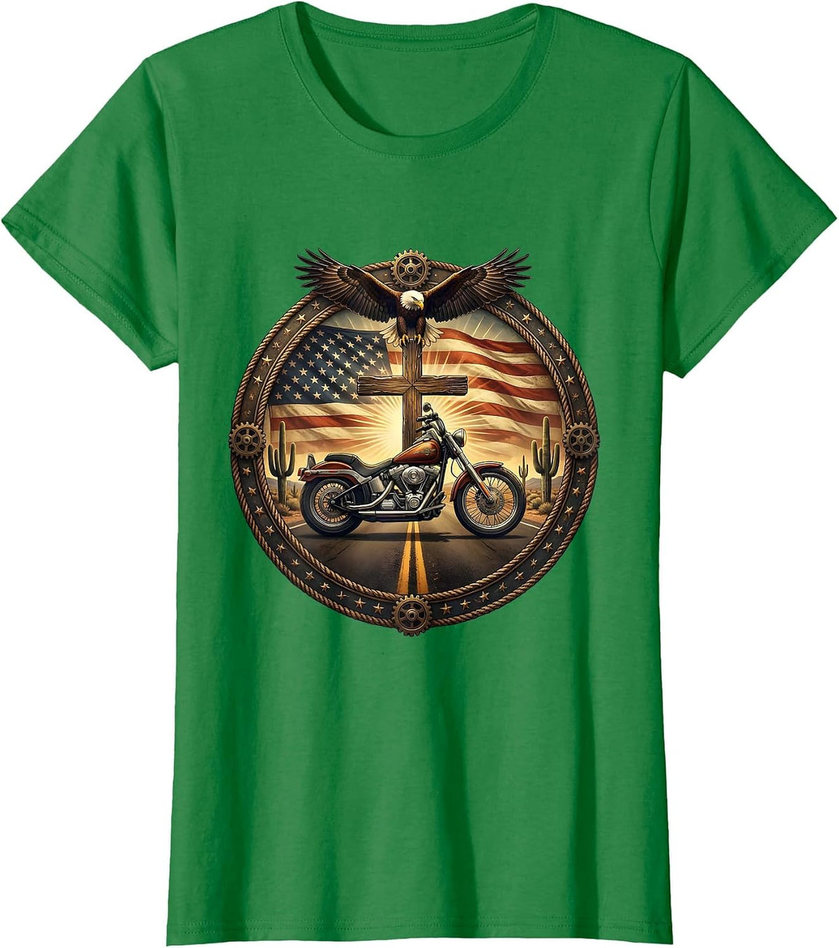 Women's Vintage Motorcycle Desert Road USA Graphic T-Shirt - Kelly Green