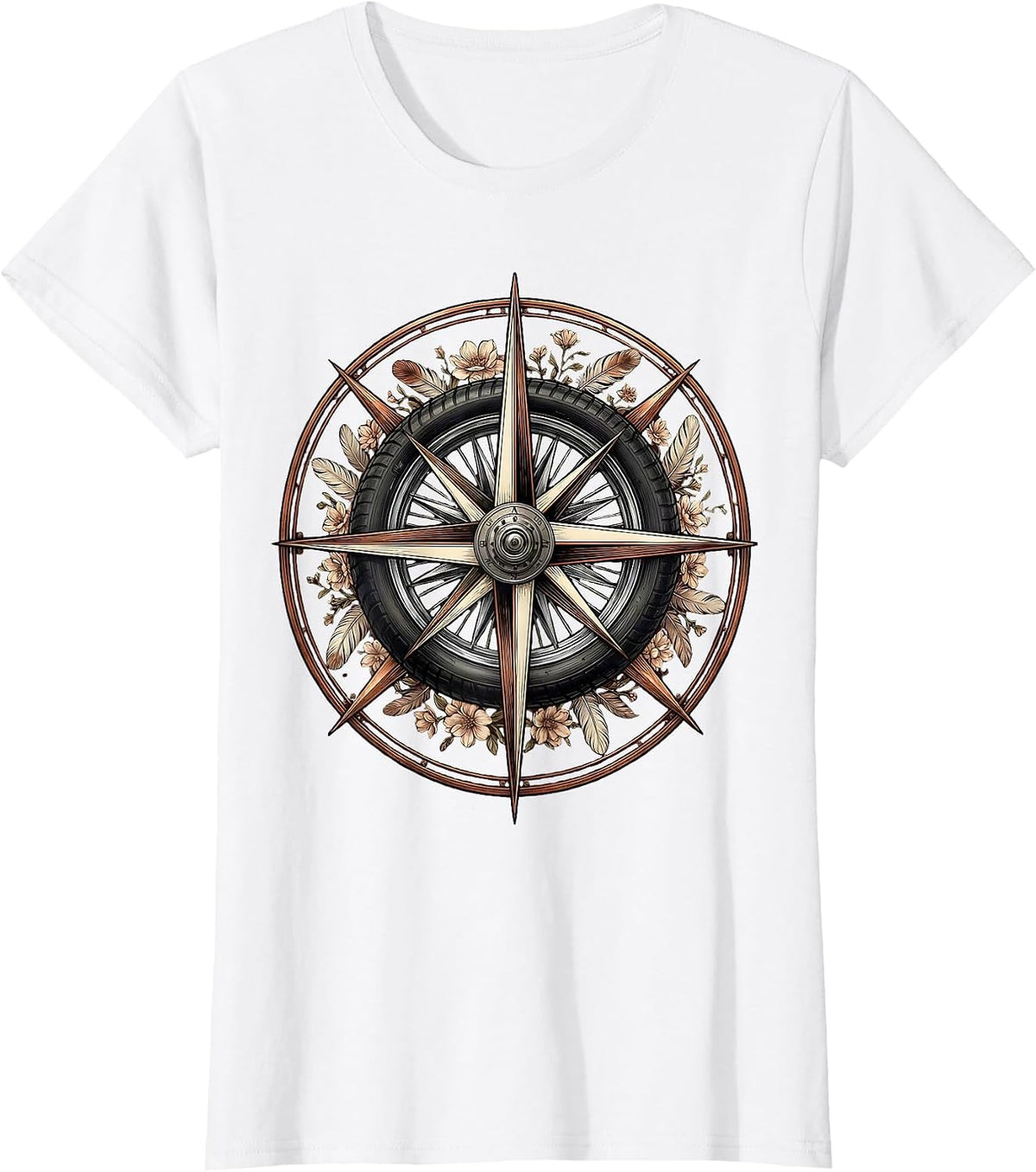 Women's Compass Rose Motorcycle Spoke Wheel Biker Design T-Shirt - White