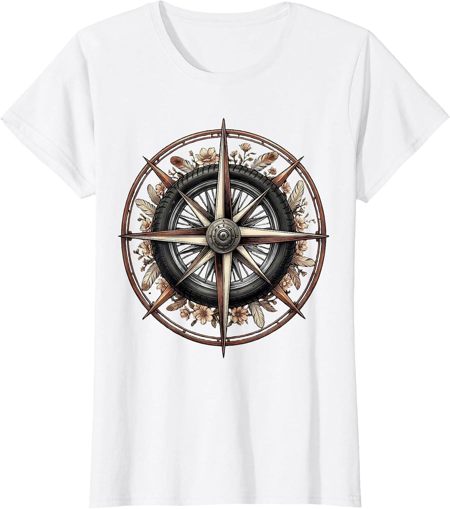Women's Compass Rose Motorcycle Spoke Wheel Biker Design T-Shirt - White