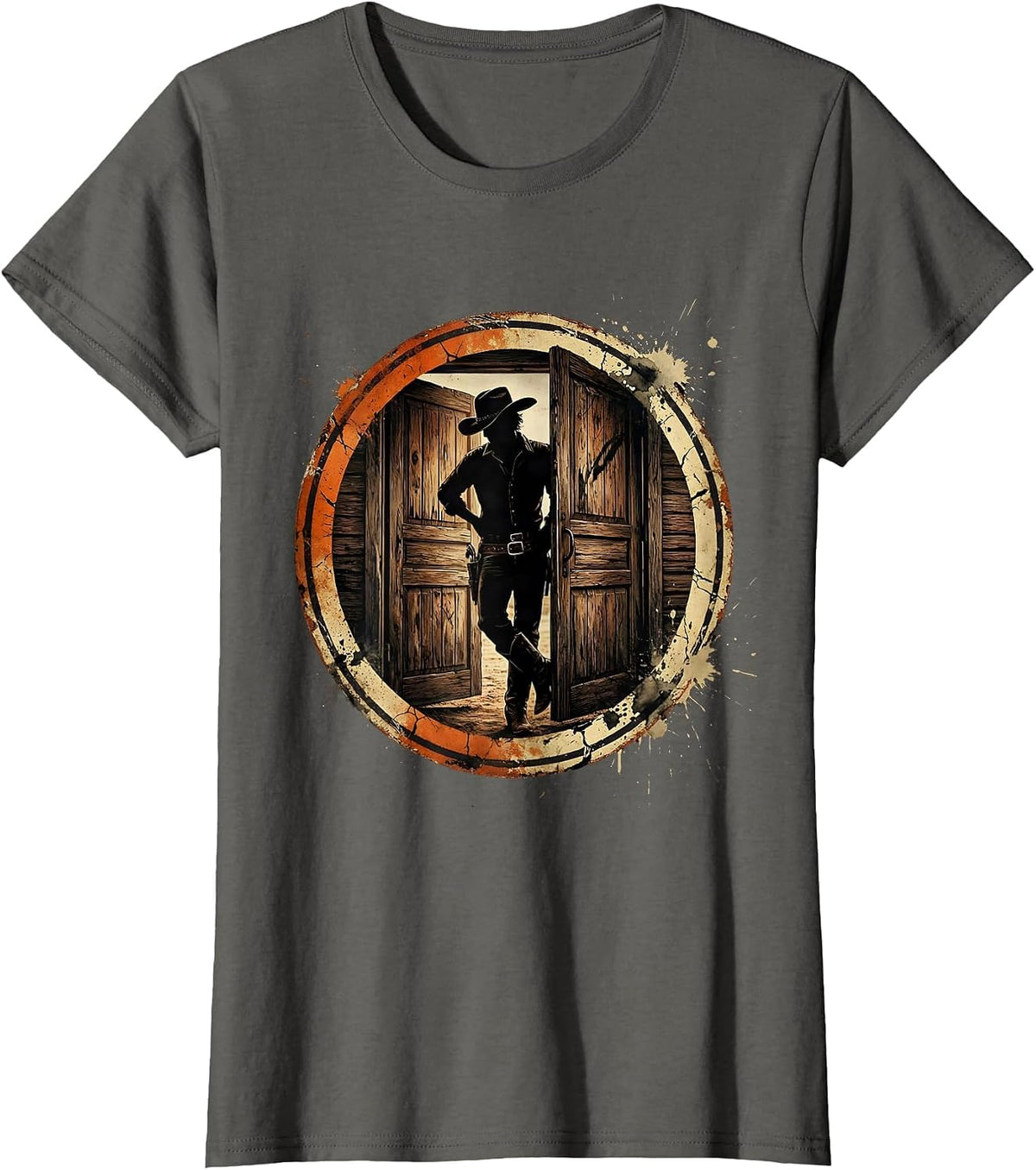 Women's Cowgirl Saloon Door Leaning Western Illustration T-Shirt - Asphalt Grey