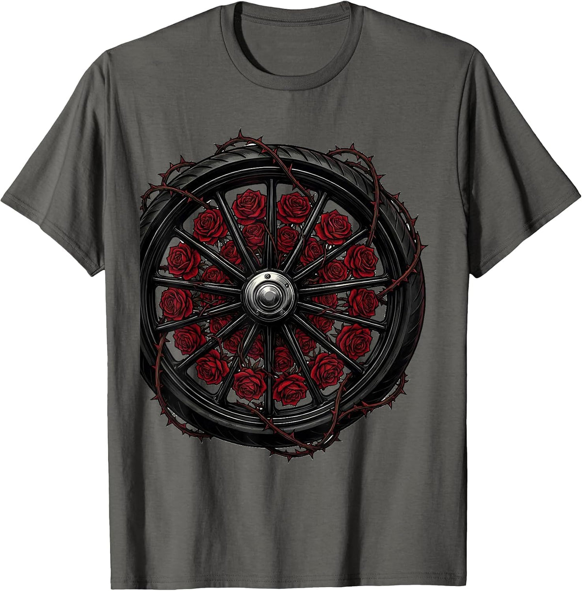 Motorcycle Wheel and Roses Graphic Design T-Shirt - Asphalt Grey