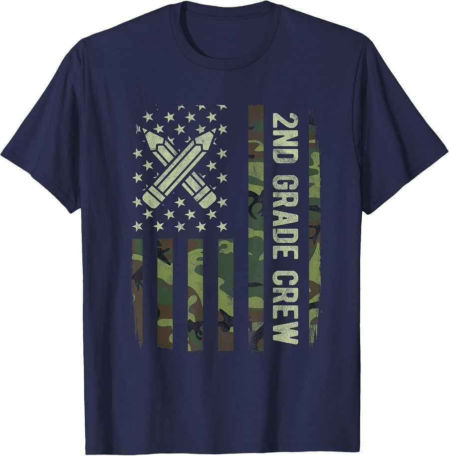 2nd Grade Crew Camo American Flag Back to School Boys Tees T-Shirt - Navy Blue