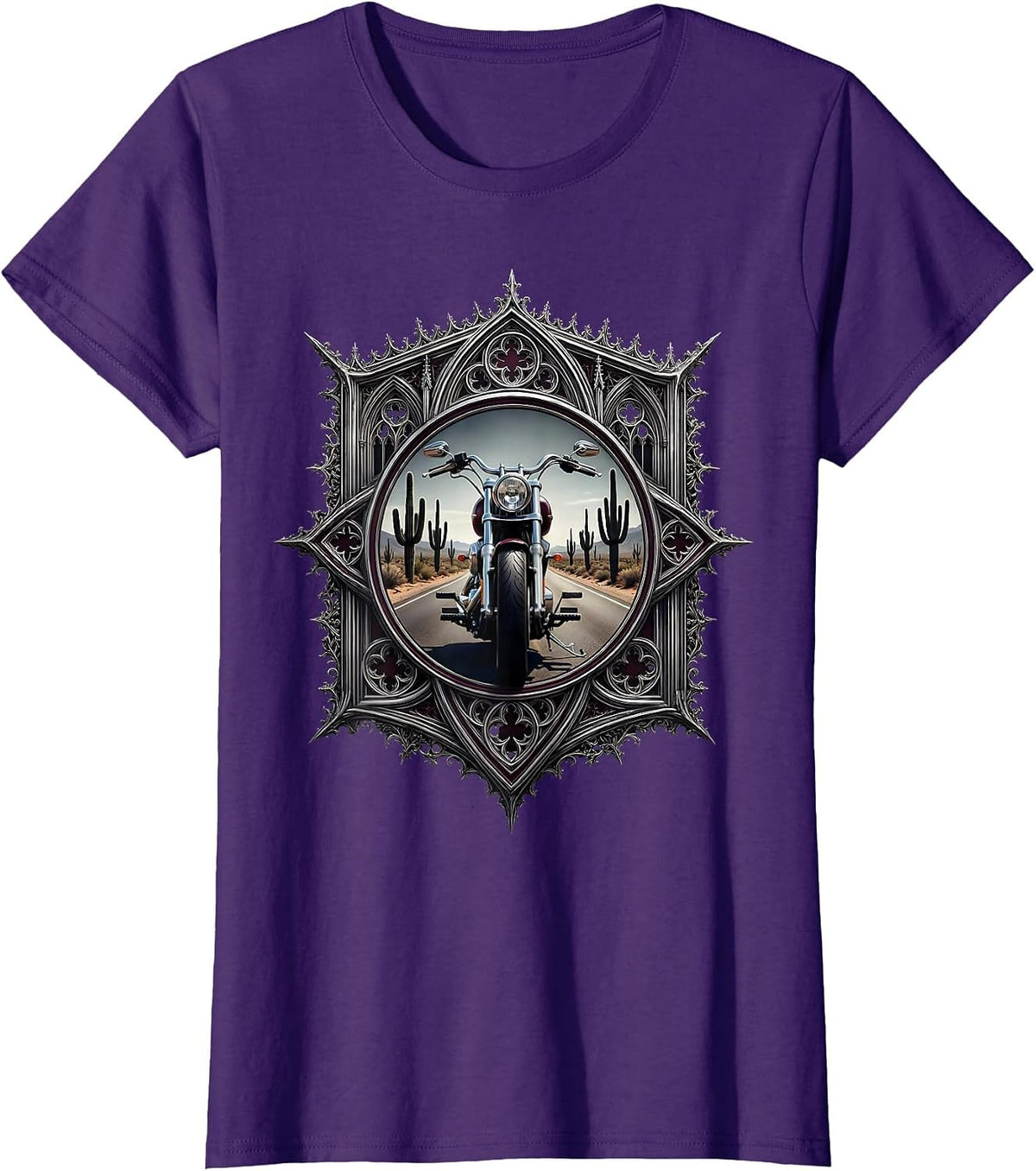 Women's Chopper Motorcycle Desert Highway Graphic T-Shirt - Purple