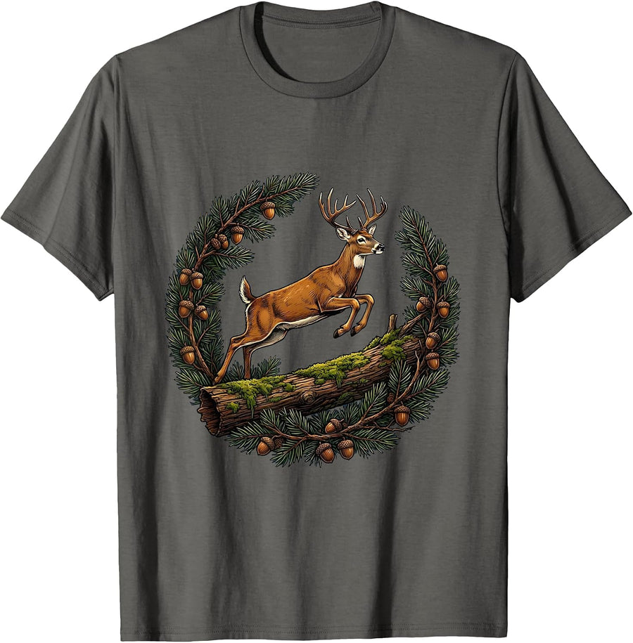 Whitetail Deer Leaping Over Fallen Log T-Shirt - Asphalt Grey