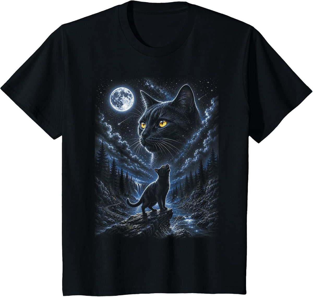 Black Cat Howling at Moon 90's Retro Nature Forest Cat Lover T-Shirt - Black