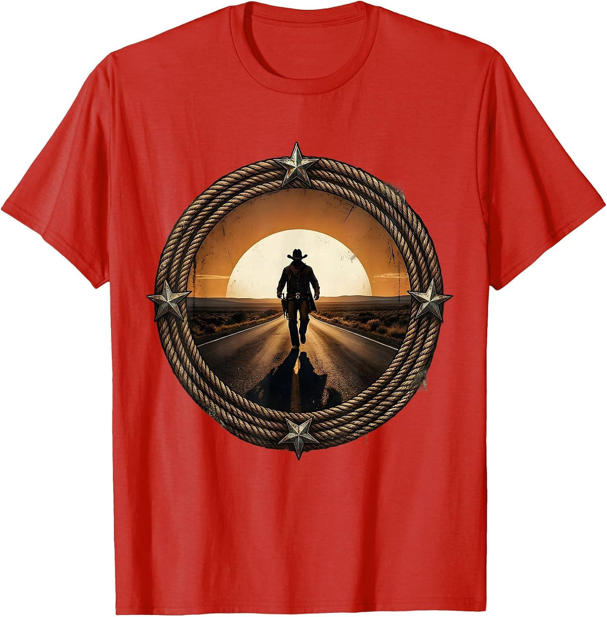 Men's Lone Cowboy Striding at Dusk Western Design T-Shirt - Red