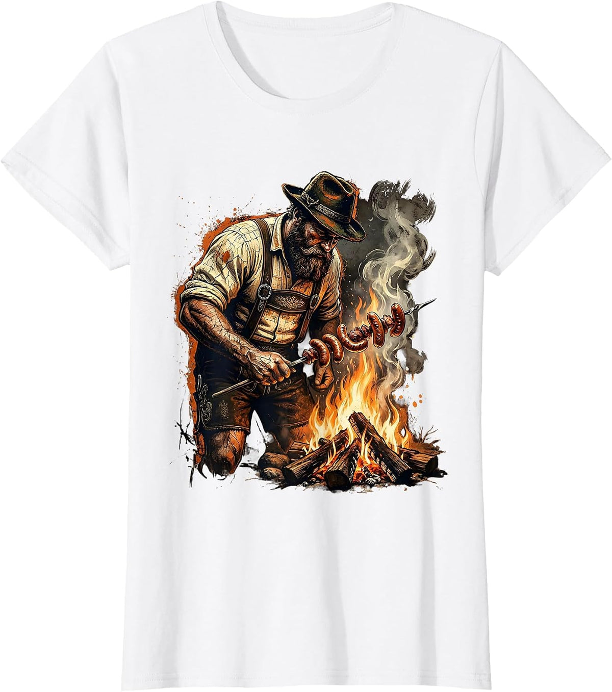 Oktoberfest Bearded Grillmaster Campfire Sausage T-Shirt - White