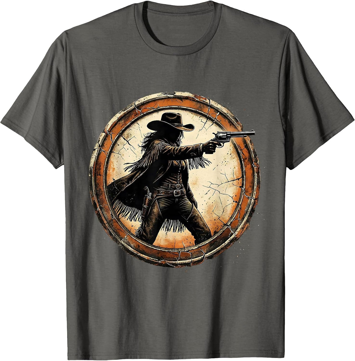 White Cowgirl Drawing Revolver Wide Stance T-Shirt - Asphalt Grey