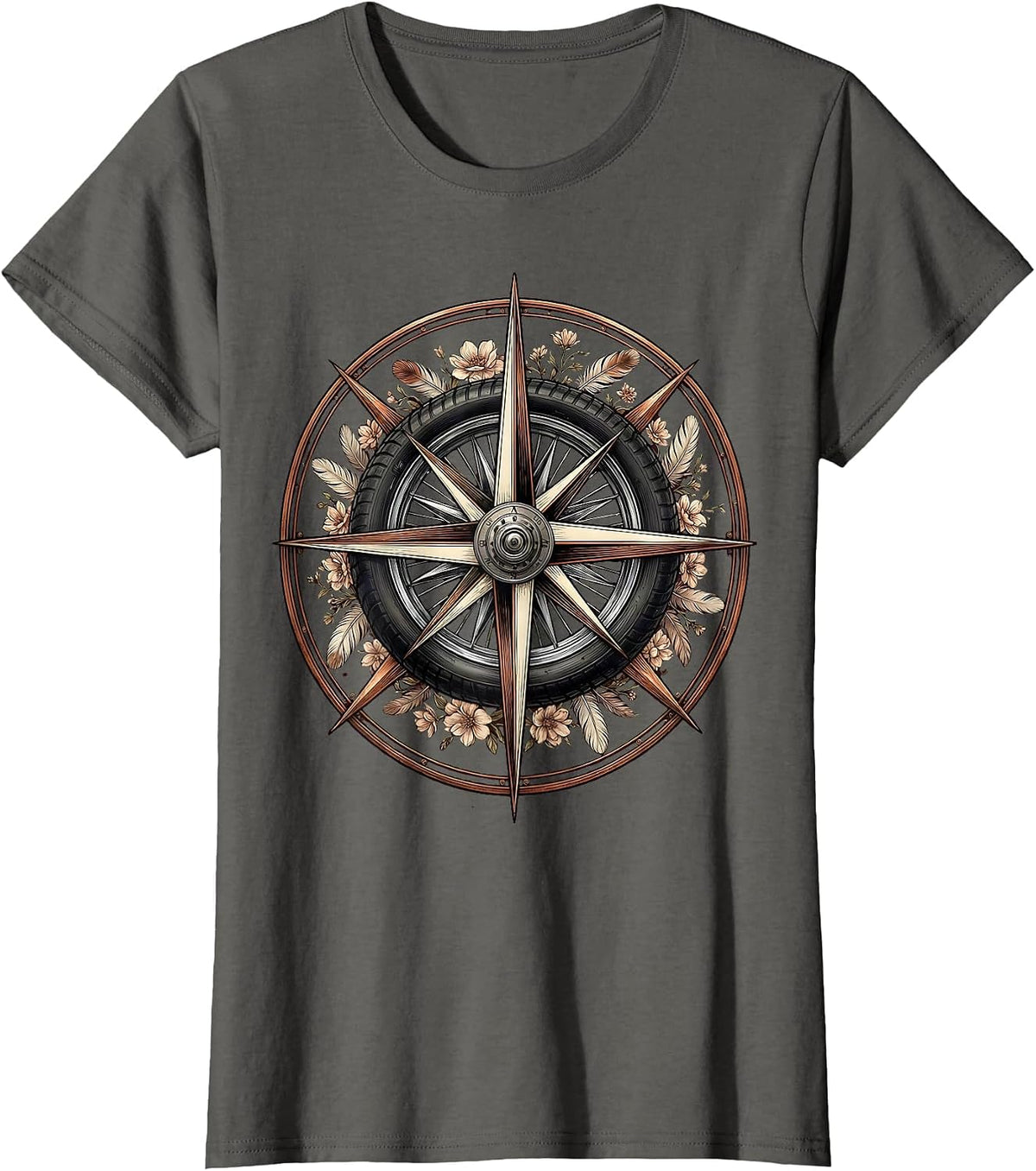 Women's Compass Rose Motorcycle Spoke Wheel Biker Design T-Shirt - Asphalt Grey