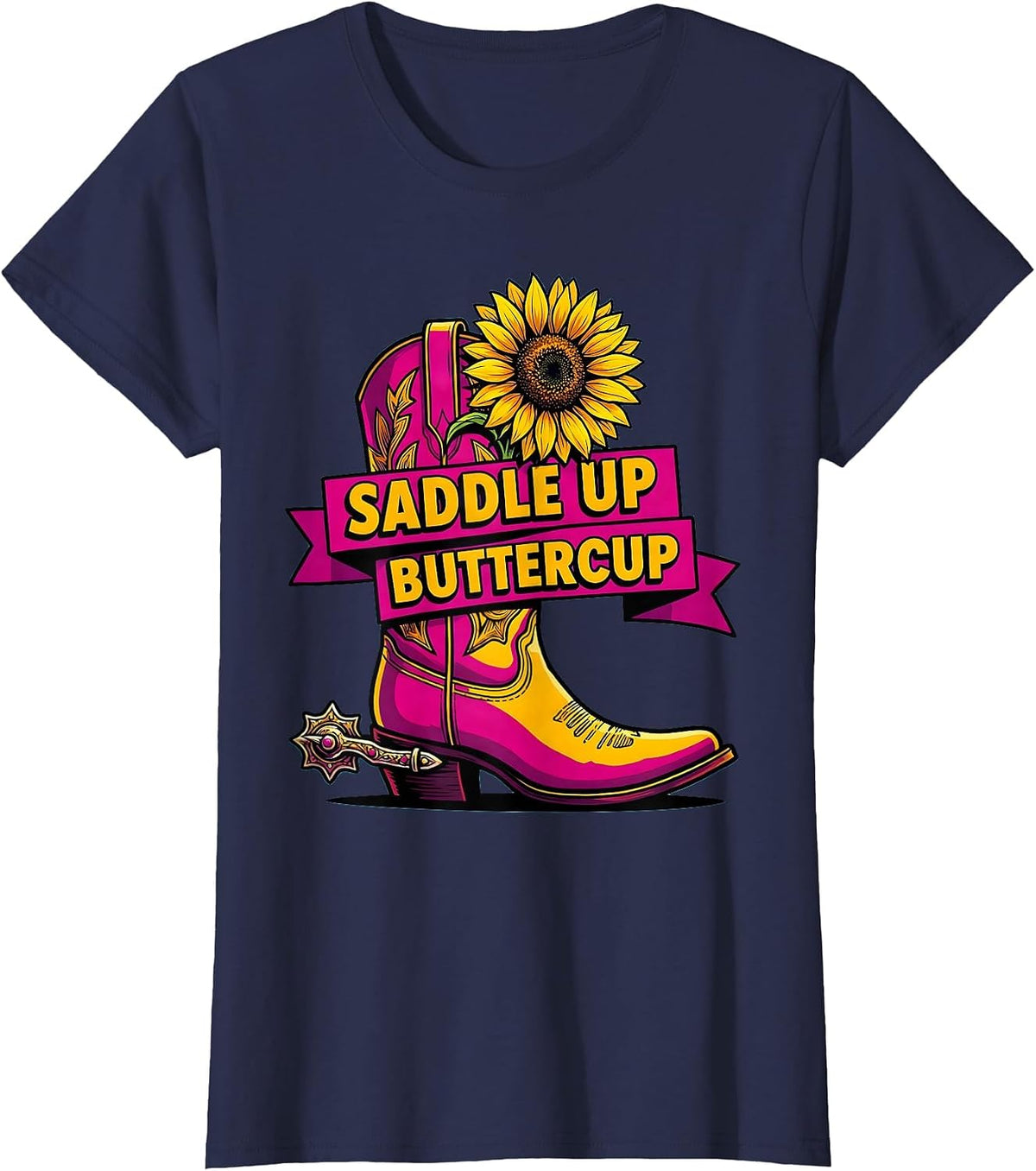 Women's Saddle Up Buttercup Cowgirl Western Design T-Shirt - Navy Blue