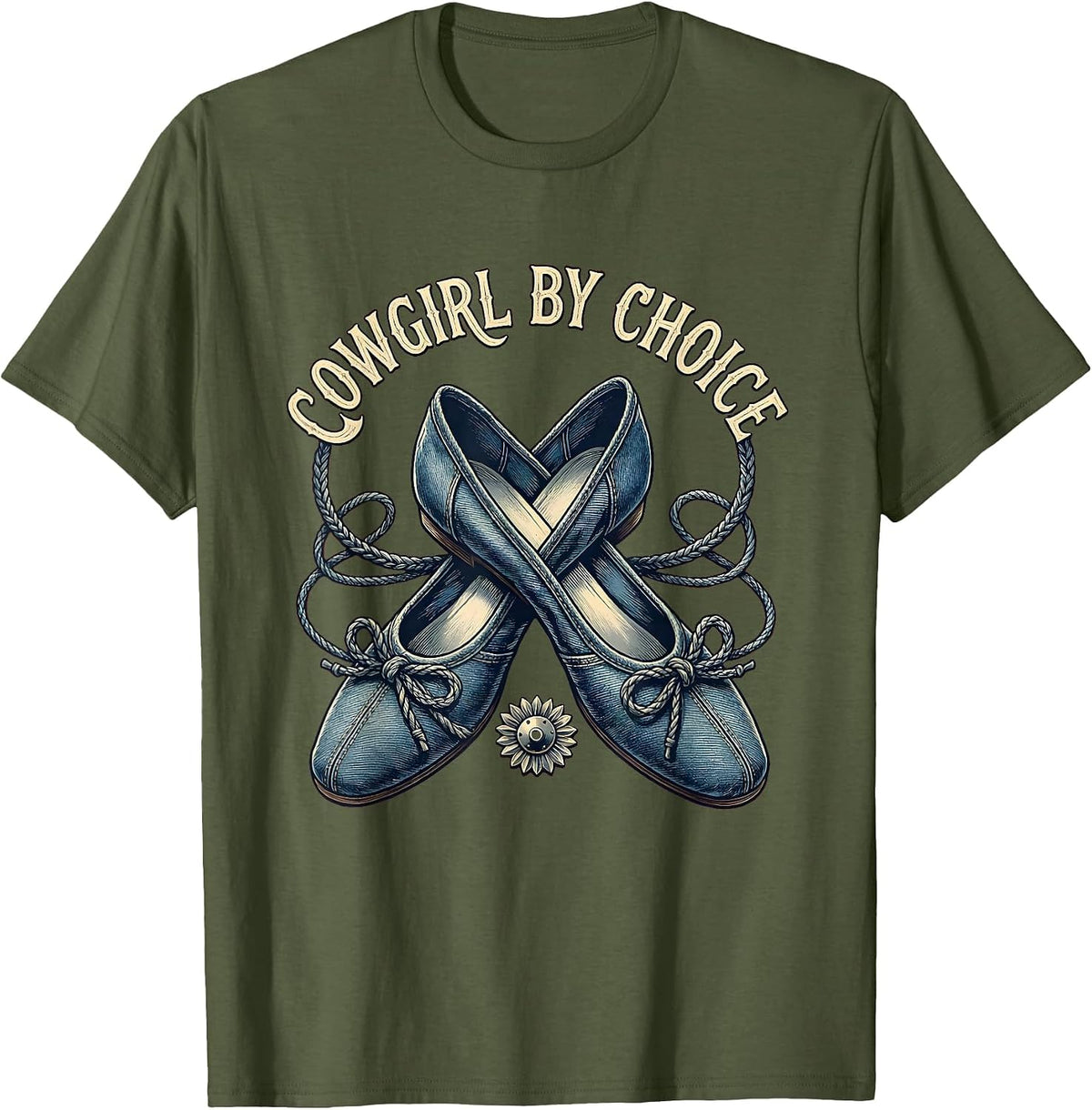 Cowgirl By Choice Denim Western Design T-Shirt - Olive Green
