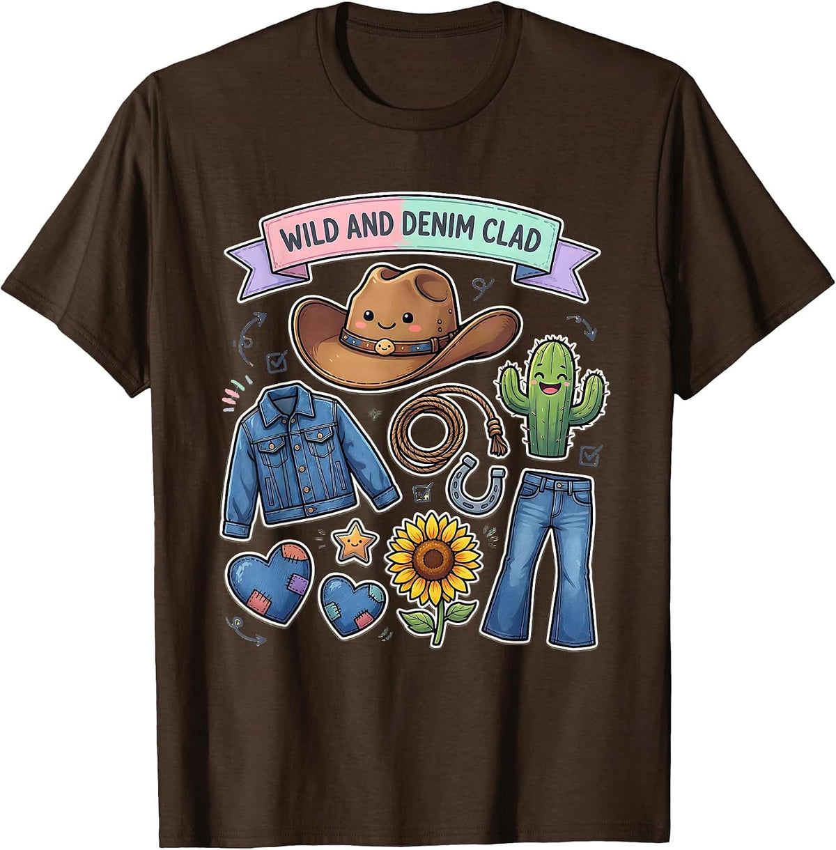 Wild and Denim Clad Cowgirl Graphic Design T-Shirt - Brown
