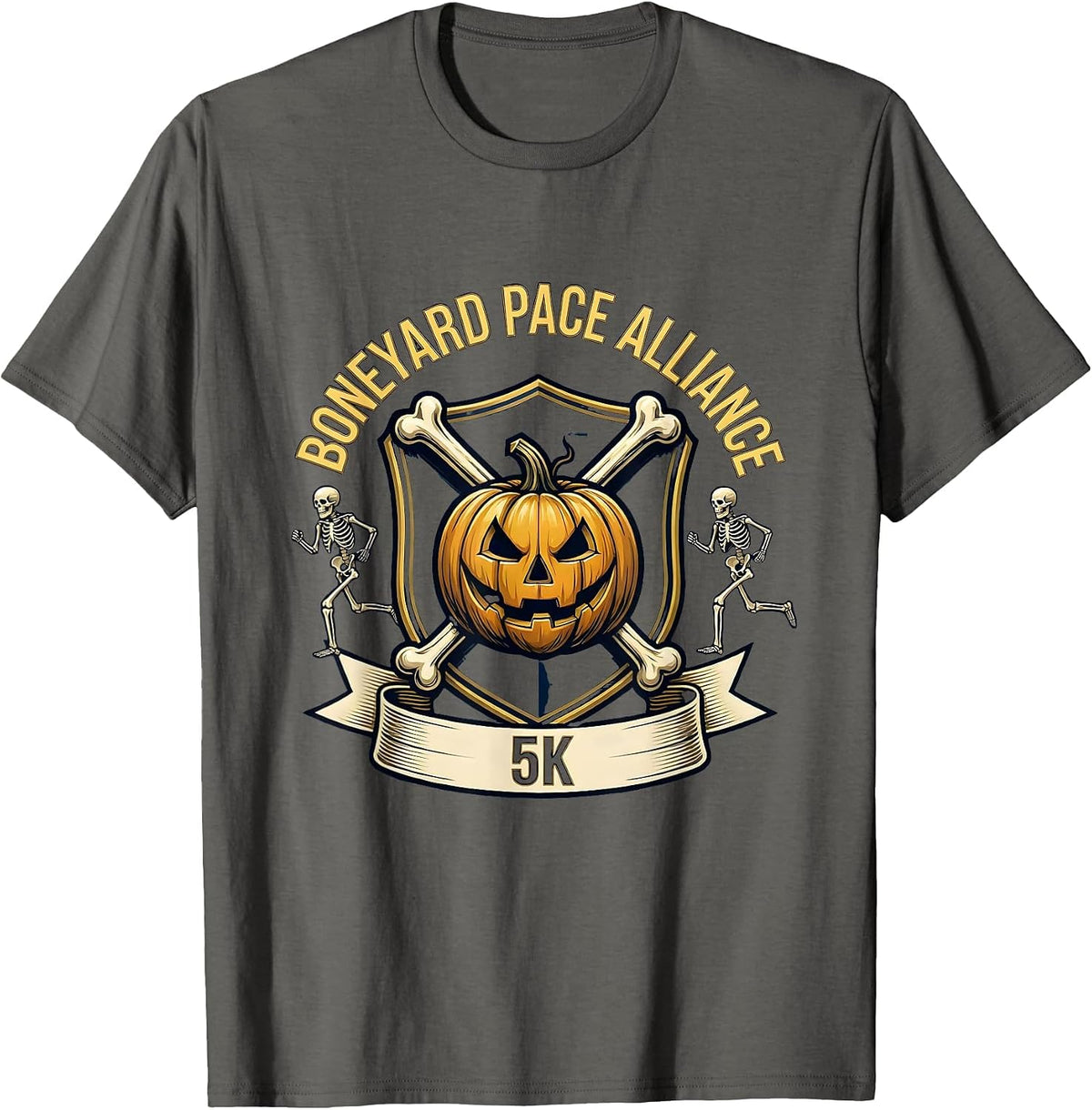 Men's Boneyard Pace Alliance 5K Funny Skeleton Halloween Runner T-Shirt - Asphalt Grey