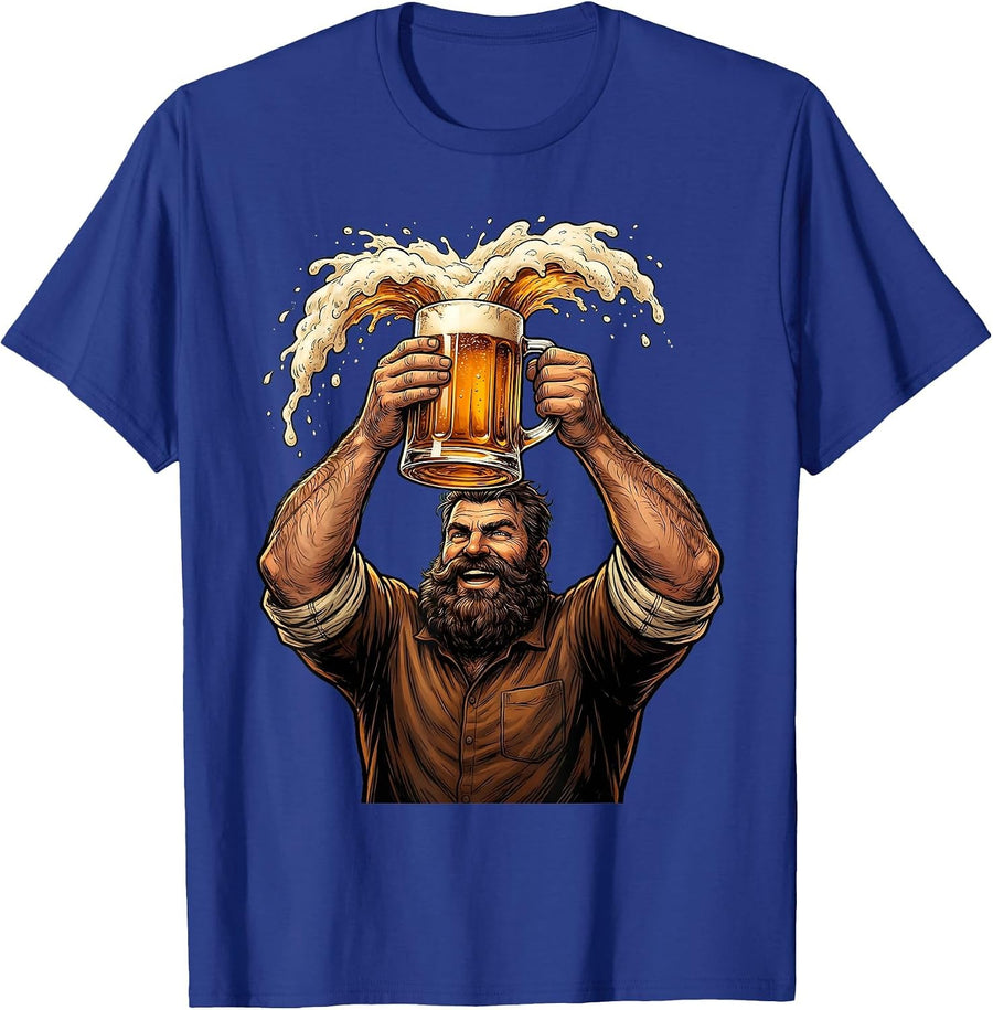 Bearded Beer Lover Raising Frothy Mug Graphic T-Shirt - Royal Blue