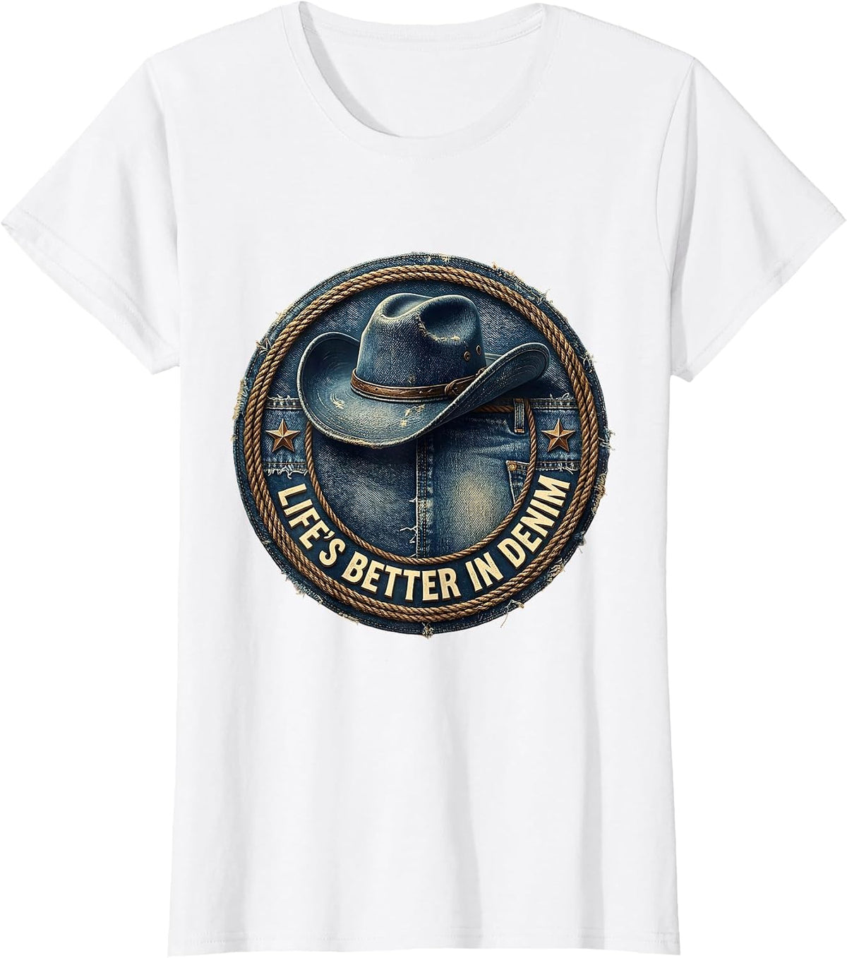 Women's Life's Better In Denim Cowgirl Design T-Shirt - White