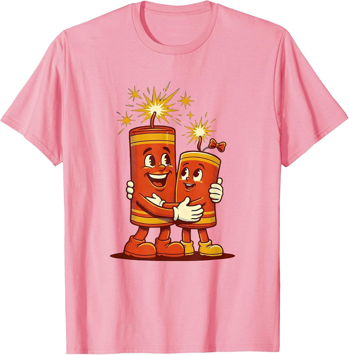 Men's Father Child Fireworks Night Sky Illustration T-Shirt - Pink