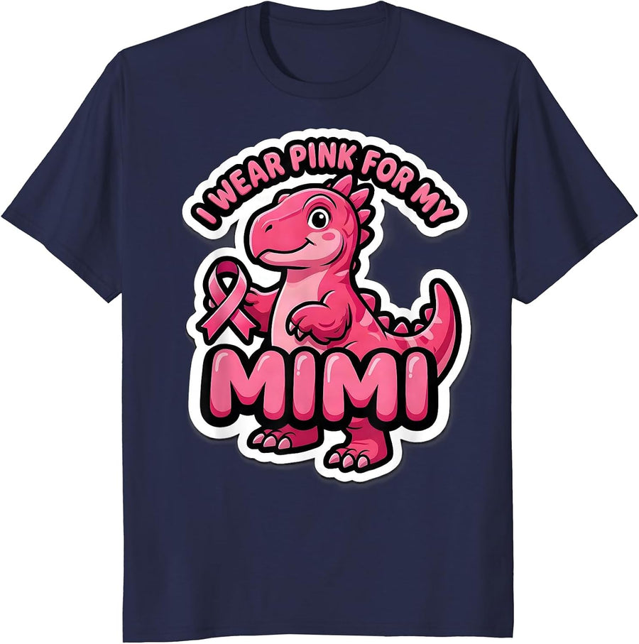 I Wear Pink For My Mimi Pink Dinosaur Family Tribute Kids T-Shirt - Navy Blue