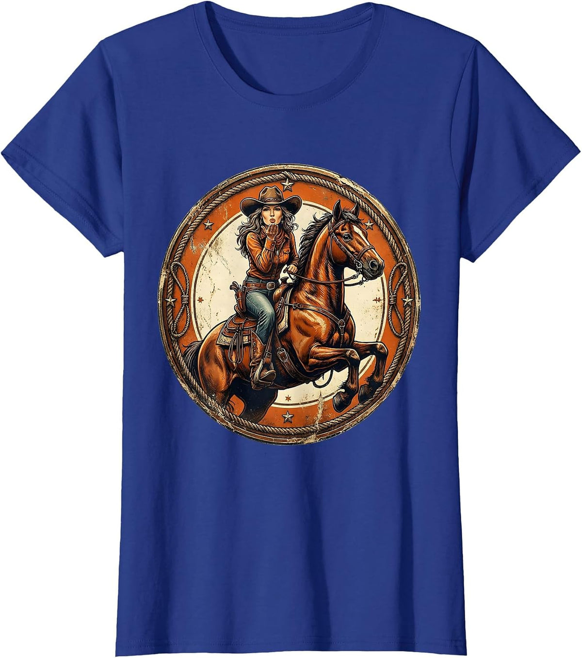 Women's Sassy Cowgirl Blowing Kiss From Horseback T-Shirt - Royal Blue