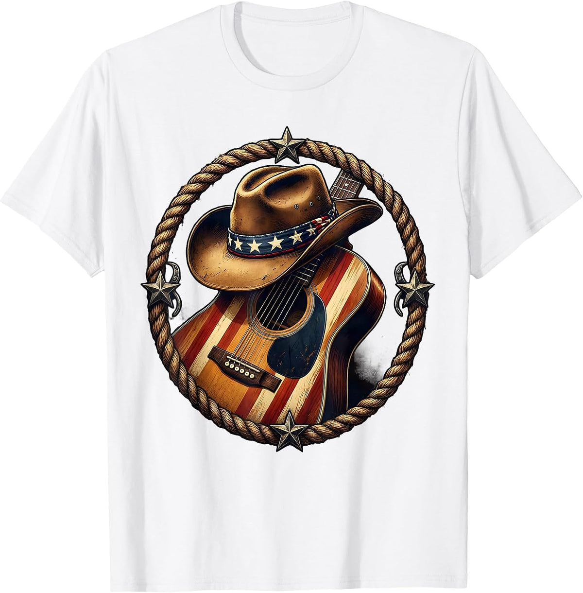 Men's Cowgirl Hat and Guitar Graphic Design T-Shirt - White