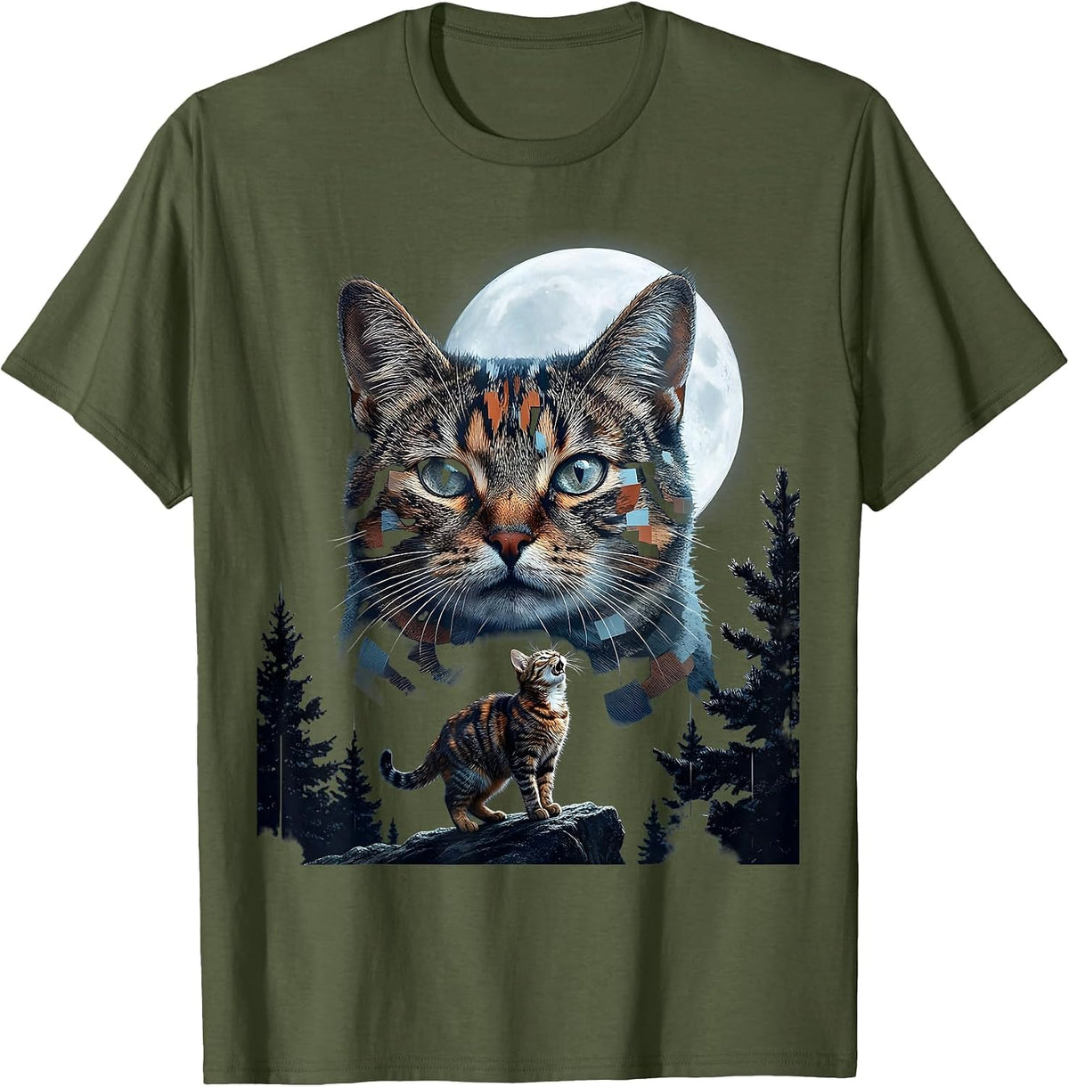 Tortoiseshell Cat Howling at Moon 90's Retro Fantasy T-Shirt - Olive Green