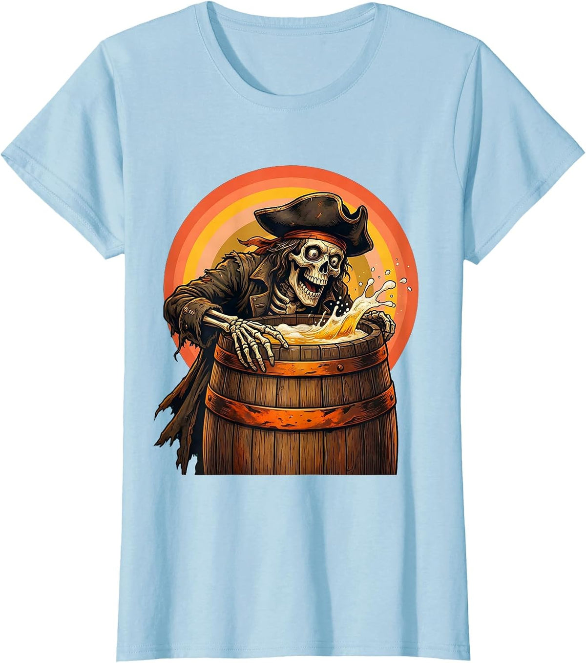 Women's Skeleton Pirate Beer Barrel Discovery Graphic T-Shirt - Baby Blue