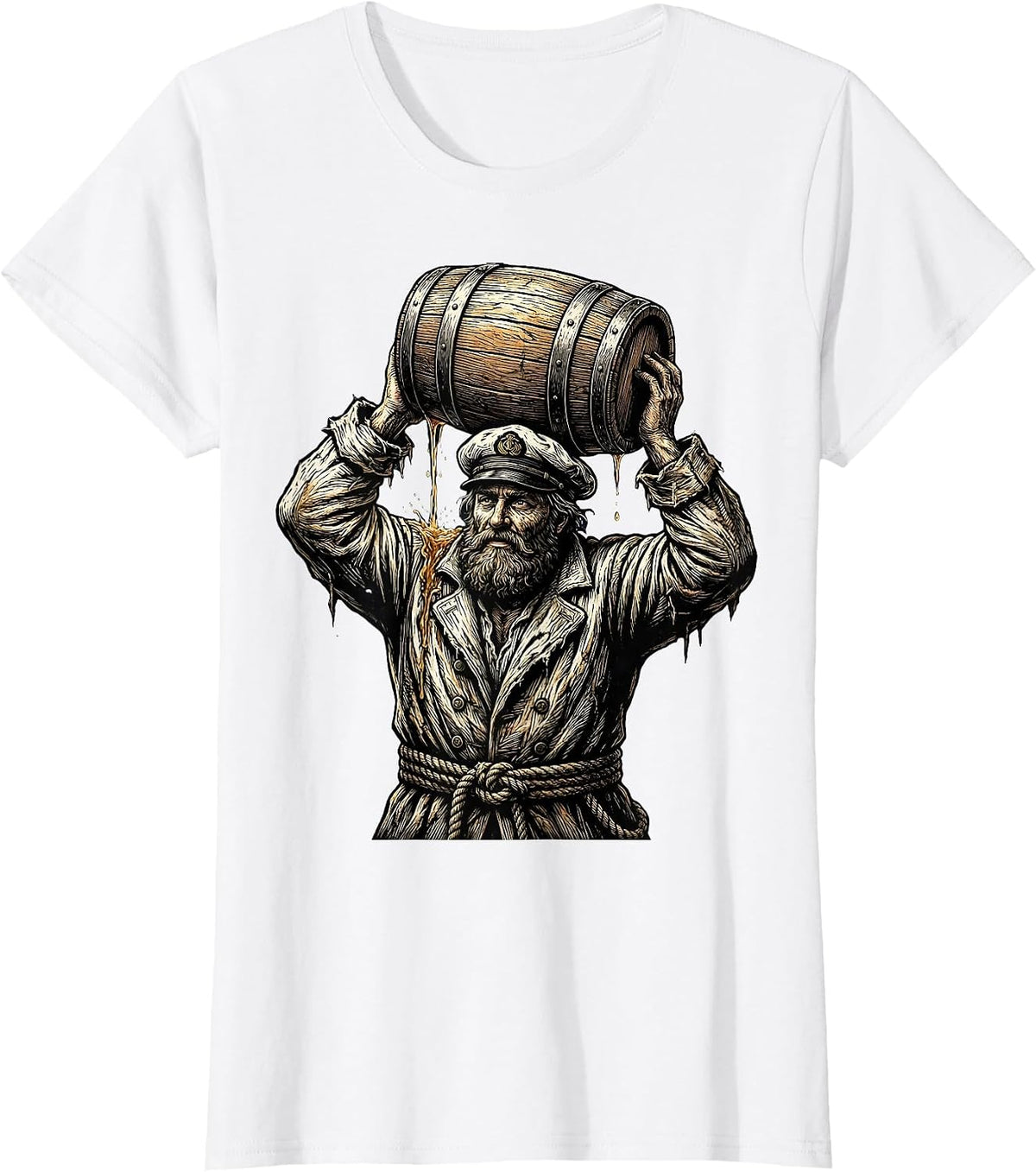 Grizzled Sailor Drinking from Wooden Keg T-Shirt - White