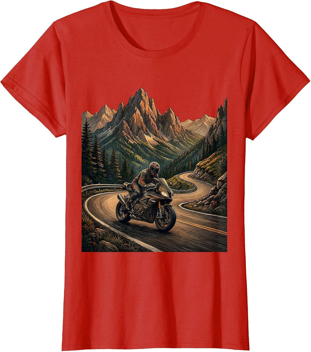 Mountain Road Motorcycle Rider Graphic Tee T-Shirt - Red