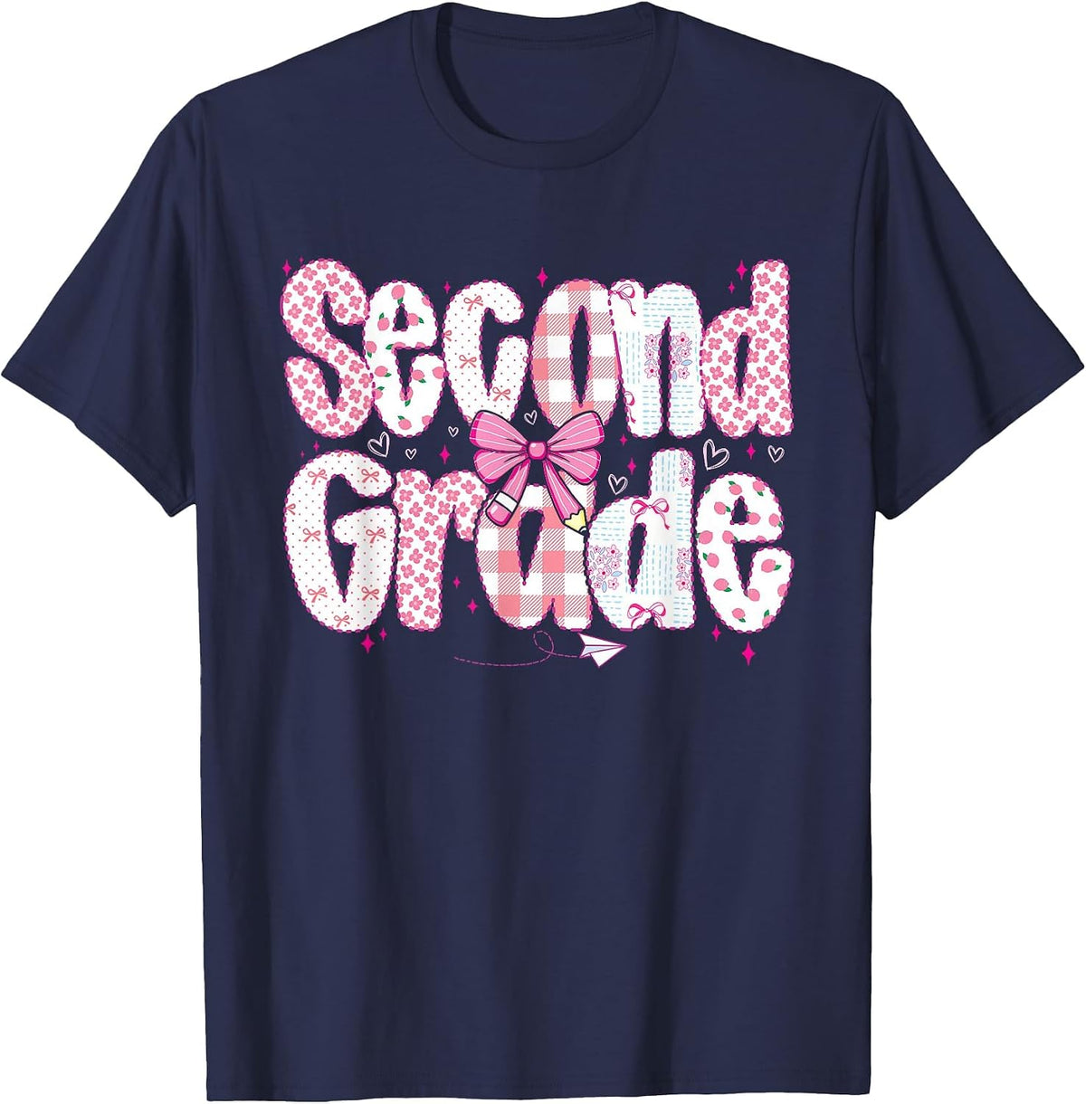 Preppy Second Grade Teacher Team Bow Back to School Girls T-Shirt - Navy Blue