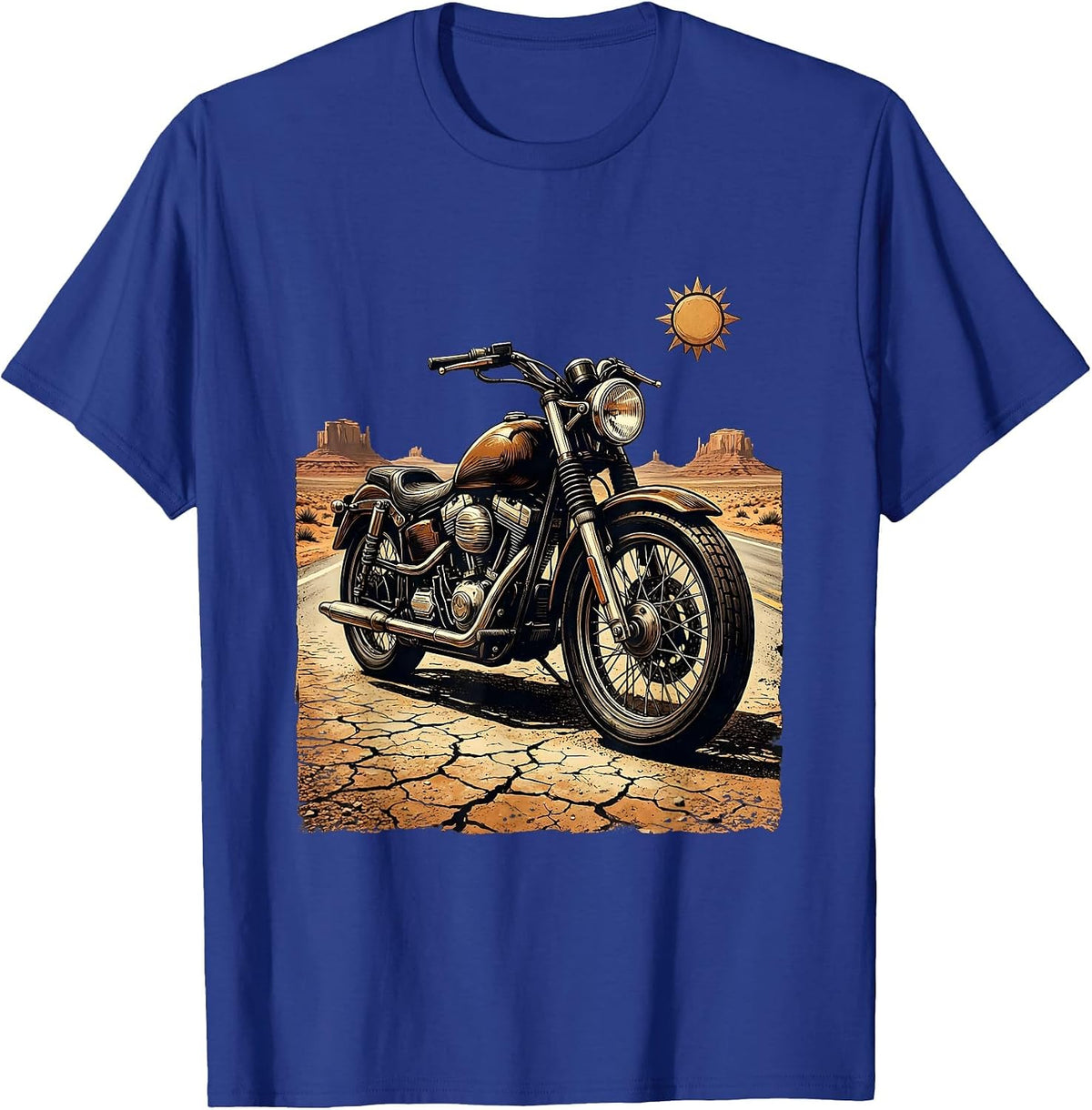 Vintage Motorcycle Desert Road Illustration T-Shirt - Royal Blue