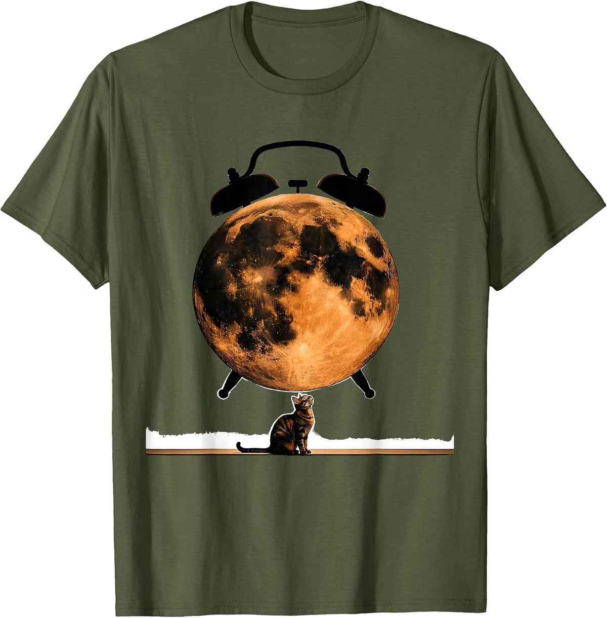 Men's Moon Howling Tortoiseshell Cat 90s Retro Parody T-Shirt - Olive Green