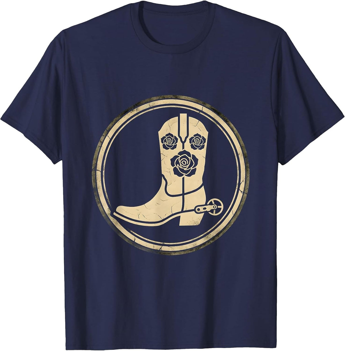 Cowgirl Boots Spurs and Roses Western Design T-Shirt - Navy Blue