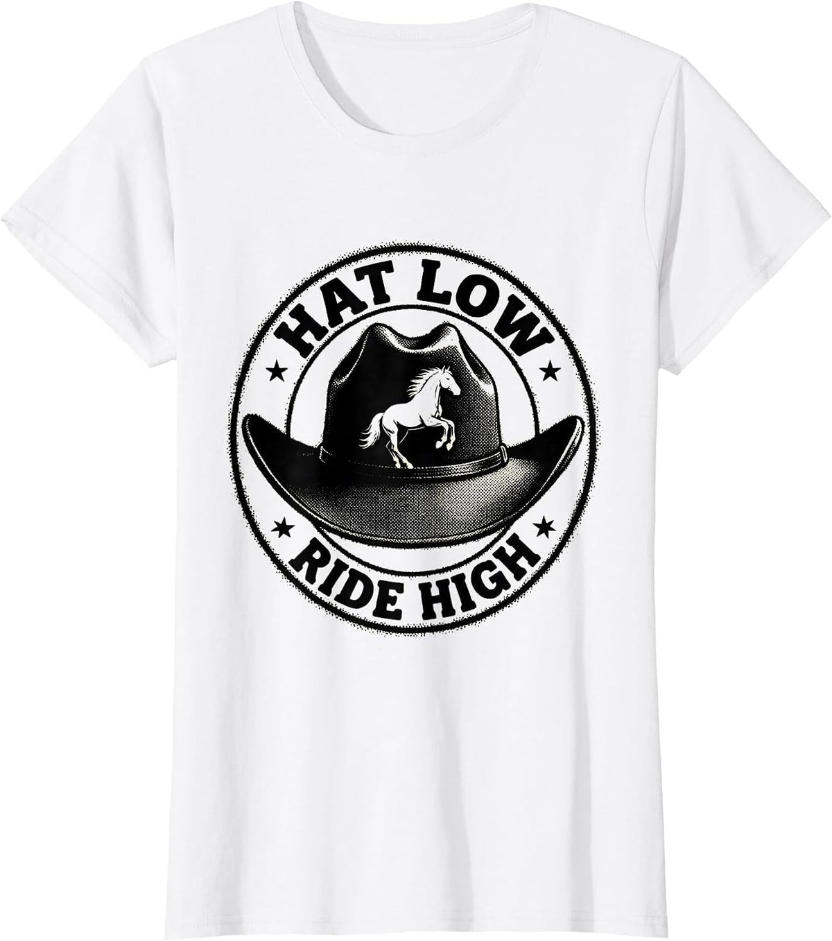 Women's Hat Low Ride High Cowboy Western Design T-Shirt - White