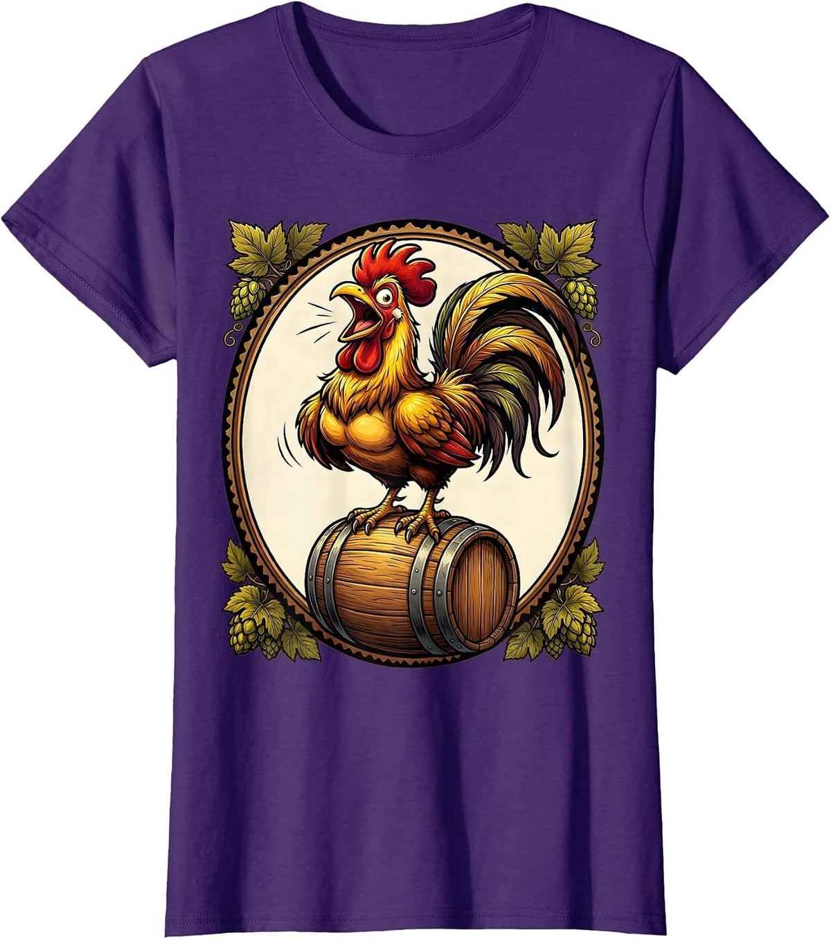 Women's Rooster on a Beer Keg Graphic Design T-Shirt - Purple