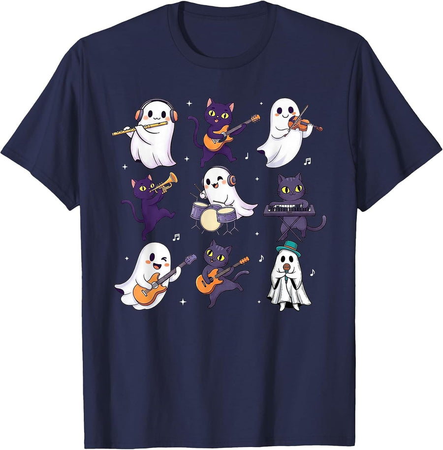 Cute Ghost Cat Playing Musical Halloween Music Teacher T-Shirt - Navy Blue