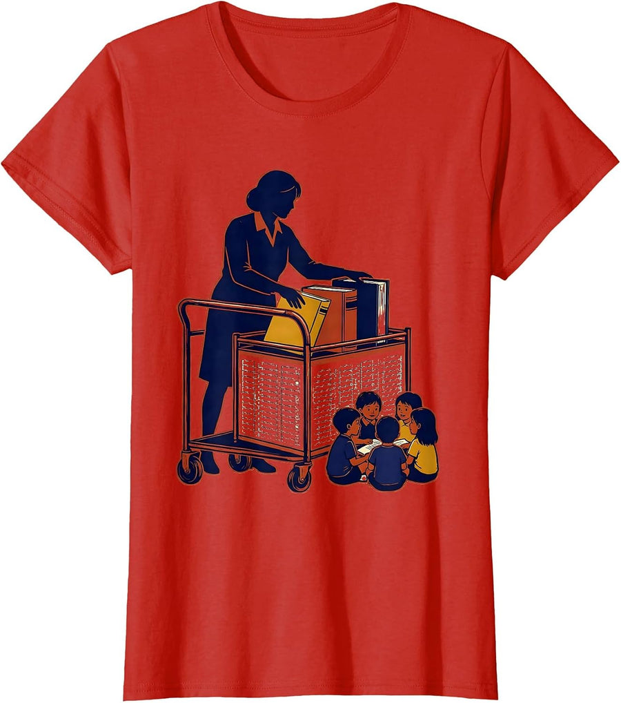 Women's School Librarian Circulation Cart Book Lover Humor T-Shirt - Red