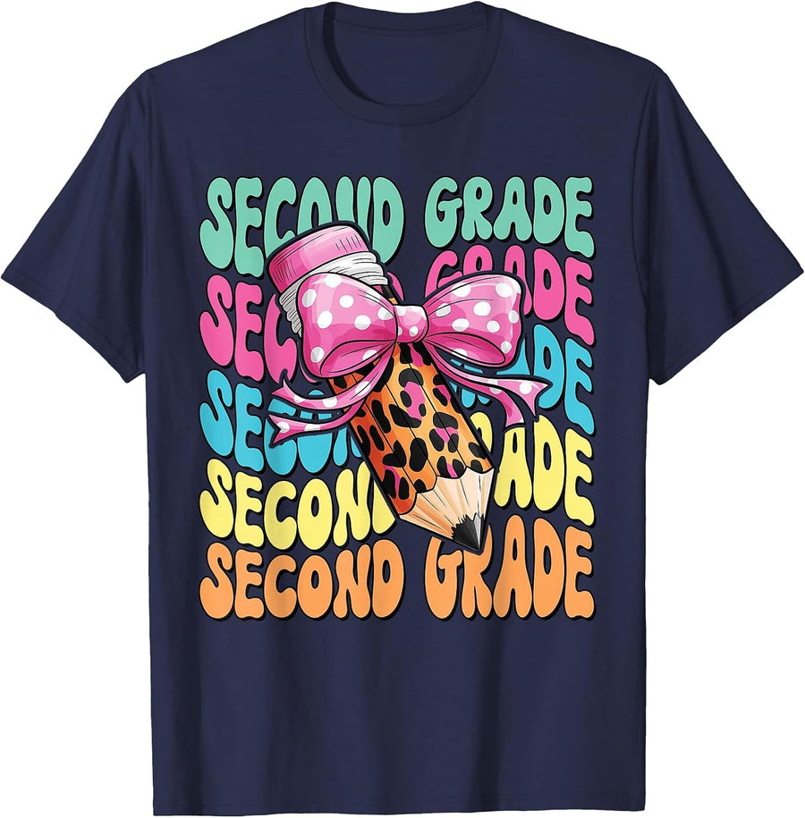 Groovy 2nd Grade Girls Teacher Second Grade Back to School T-Shirt - Navy Blue