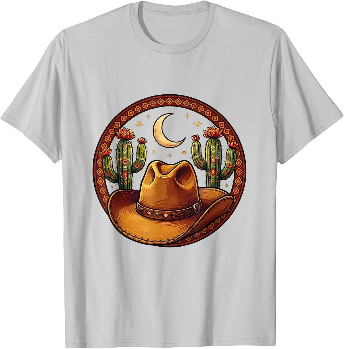 Men's Cowgirl Hat Cactus Crescent Moon Western Design T-Shirt - Silver Grey