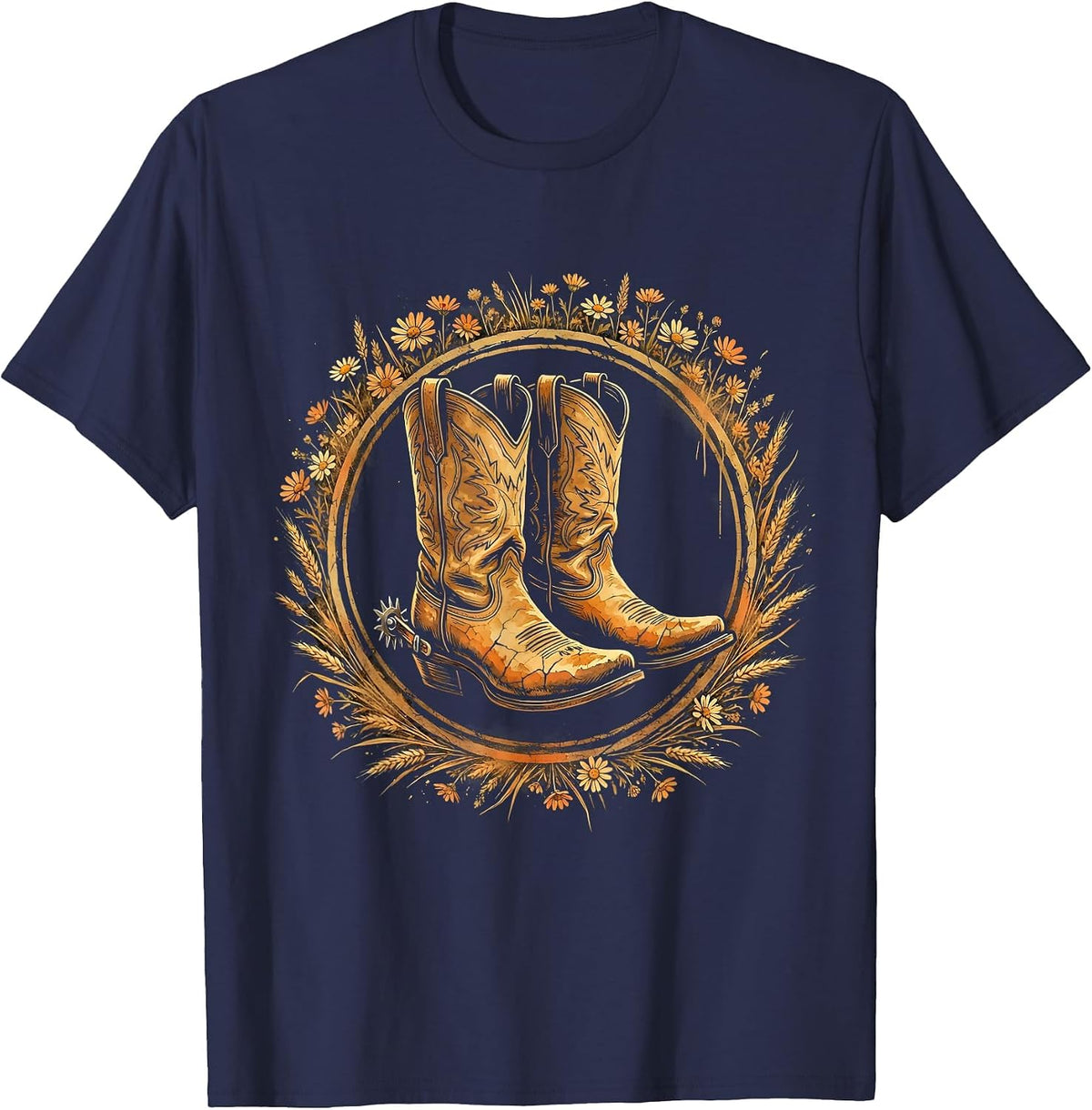 Cowboy Boots With Spurs and Dust Graphic T-Shirt - Navy Blue
