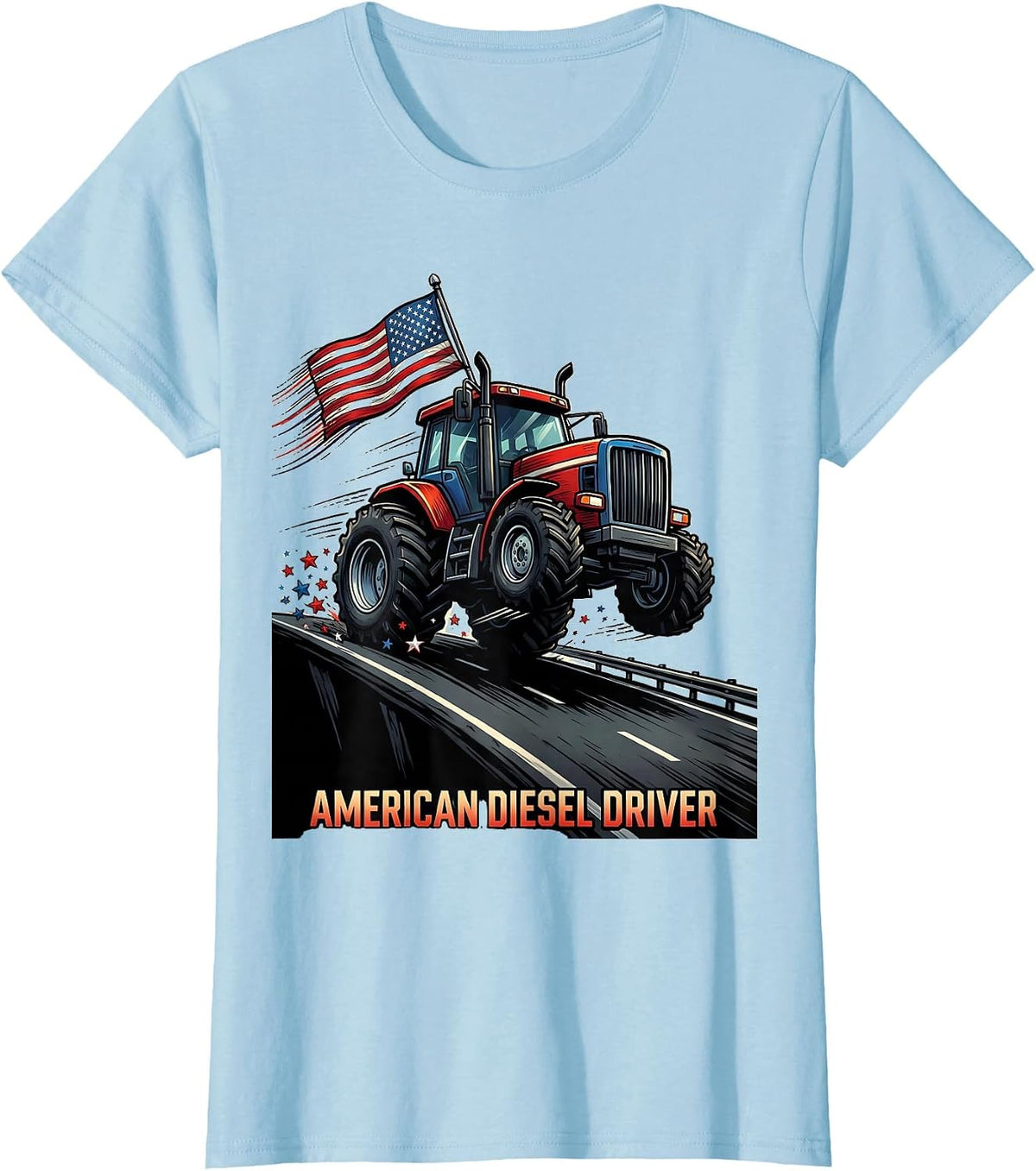 American Diesel Driver Cartoon Semi Truck Patriotic Driver T-Shirt - Baby Blue